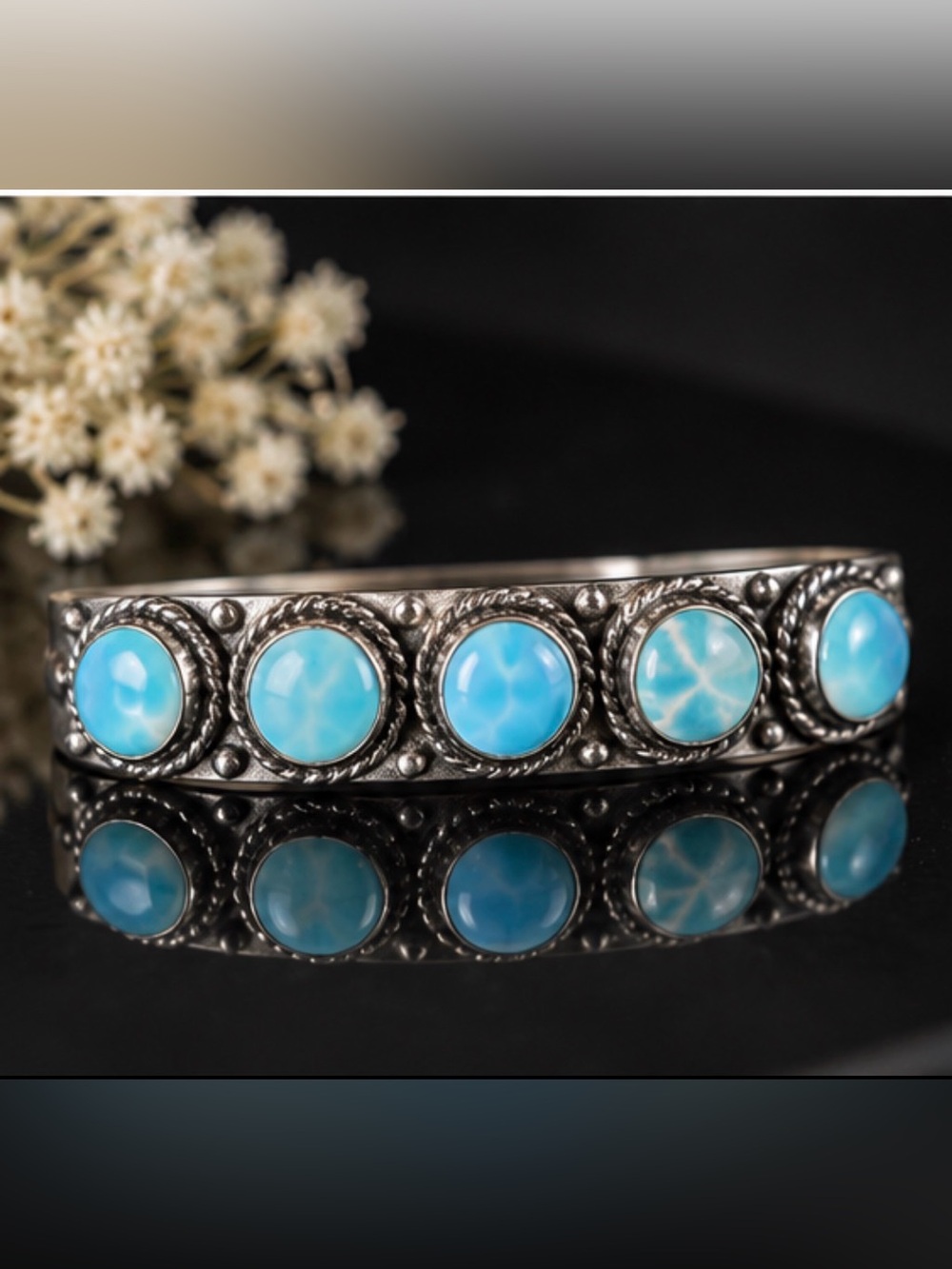 Larimar Stone 925 sterling Silver plated -Tone Bracelet - Blue Accent